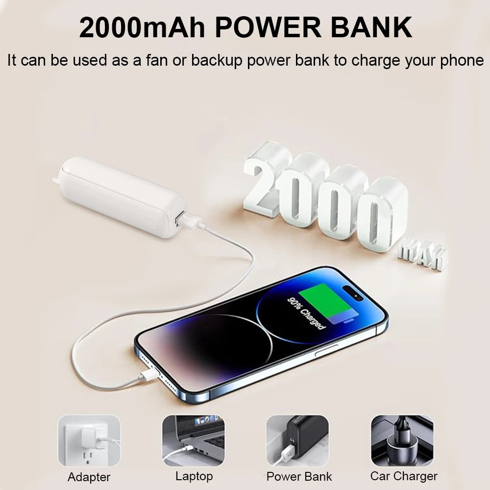휴대용 미니 선풍기 2000mAh USB 충전식 3단계 풍속 핸디형 접이식 선풍기 휴대용 보조배터리 기능 포함