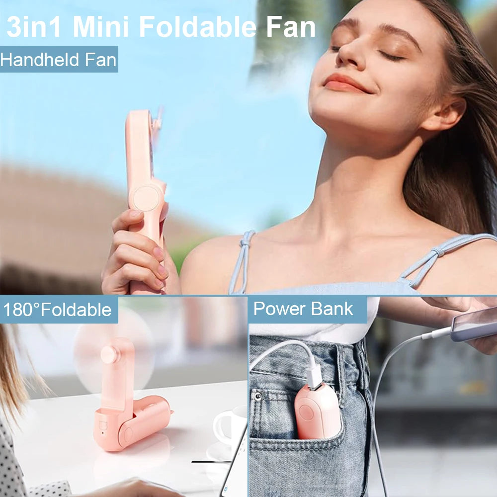휴대용 미니 선풍기 2000mAh USB 충전식 3단계 풍속 핸디형 접이식 선풍기 휴대용 보조배터리 기능 포함
